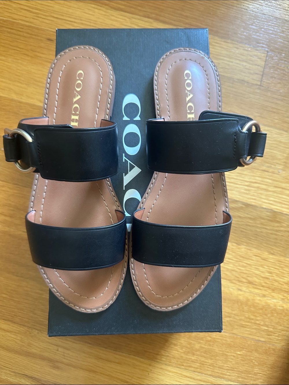 Coach Black Leather Double-Band Slide Sandals with Gold Hardware